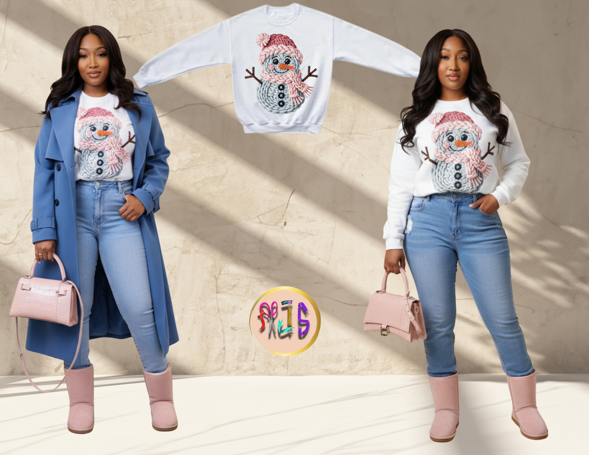 BLUE AND PINK  SNOWMAN YARN ILLUSION SWEATSHIRT