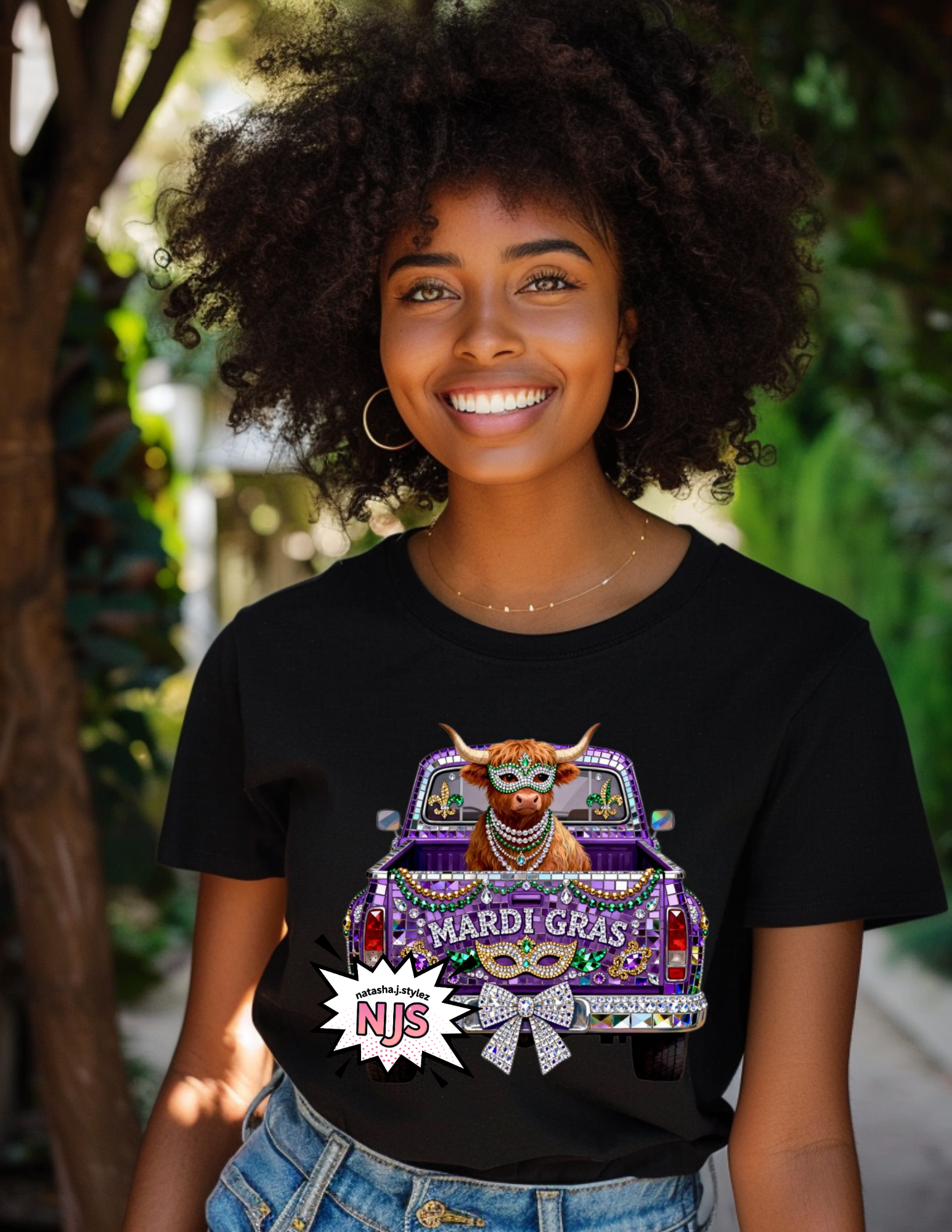 Mardi Gras Highland Cow PNG: Rhinestone Bling Truck Crystal Mosaic Jewel Sublimation Design