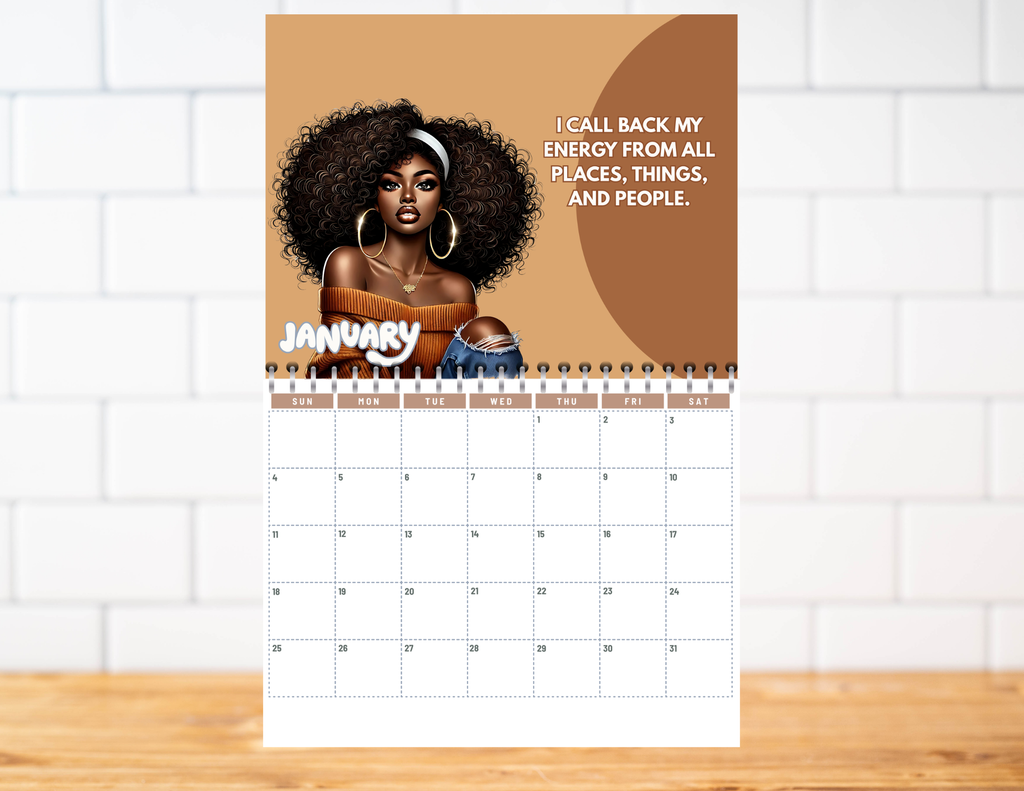 SHE SHINES IN EVERY SEASON 2026 BROWN GIRL AFFIRMATION CALENDAR PNG