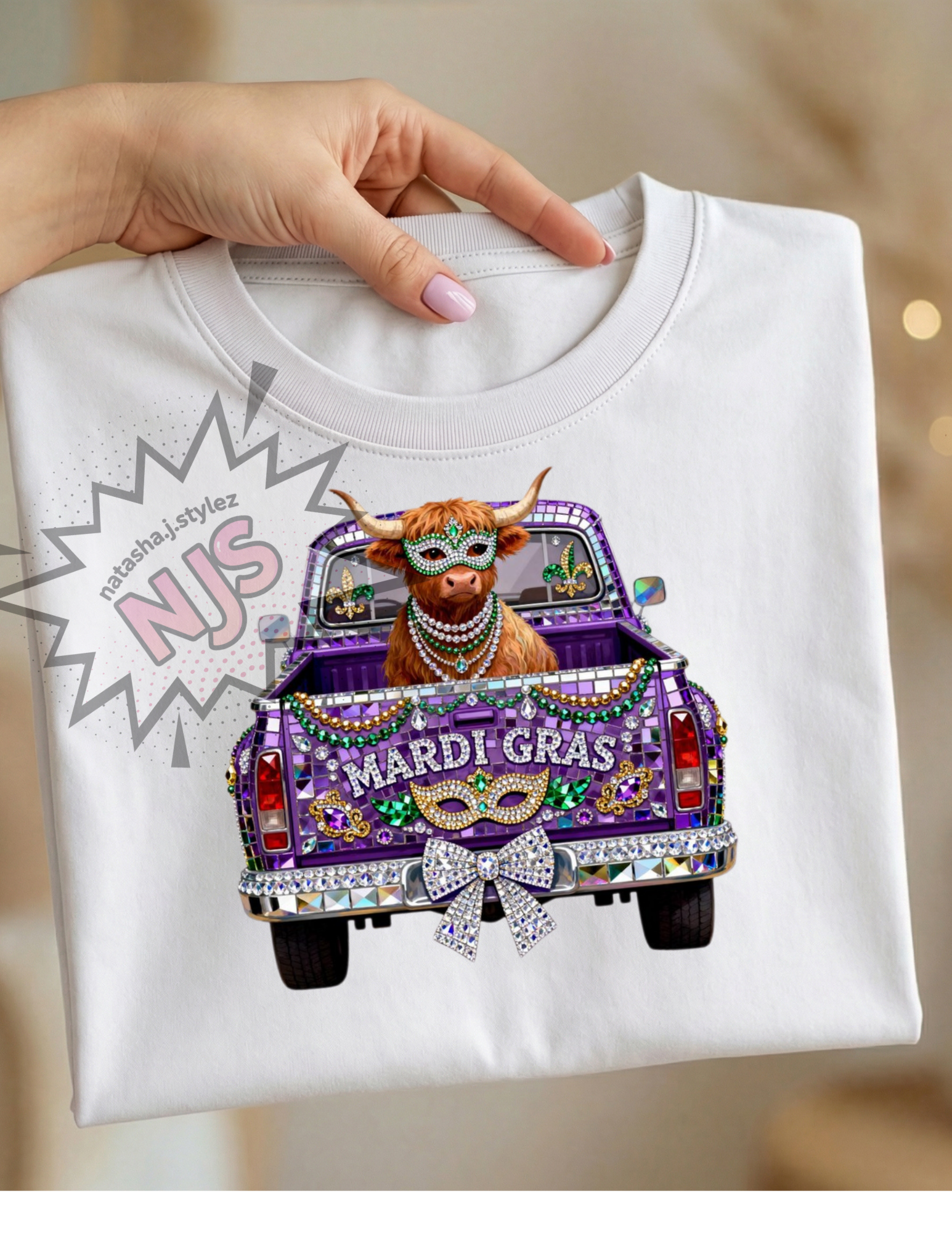 Mardi Gras Highland Cow PNG: Rhinestone Bling Truck Crystal Mosaic Jewel Sublimation Design