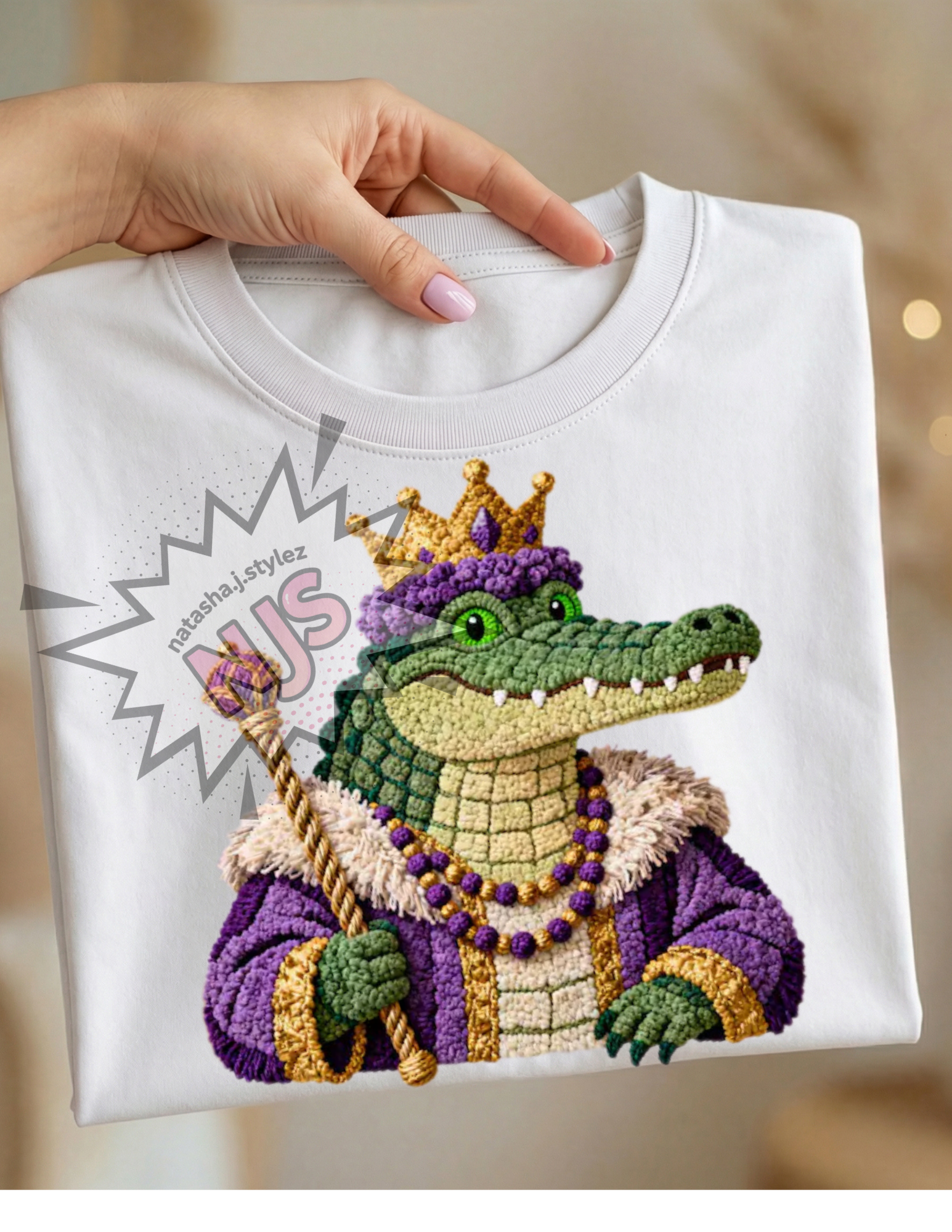 Mardi Gras Alligator PNG: Faux Yarn Crocodile Louisana Celebration Sublimation Design