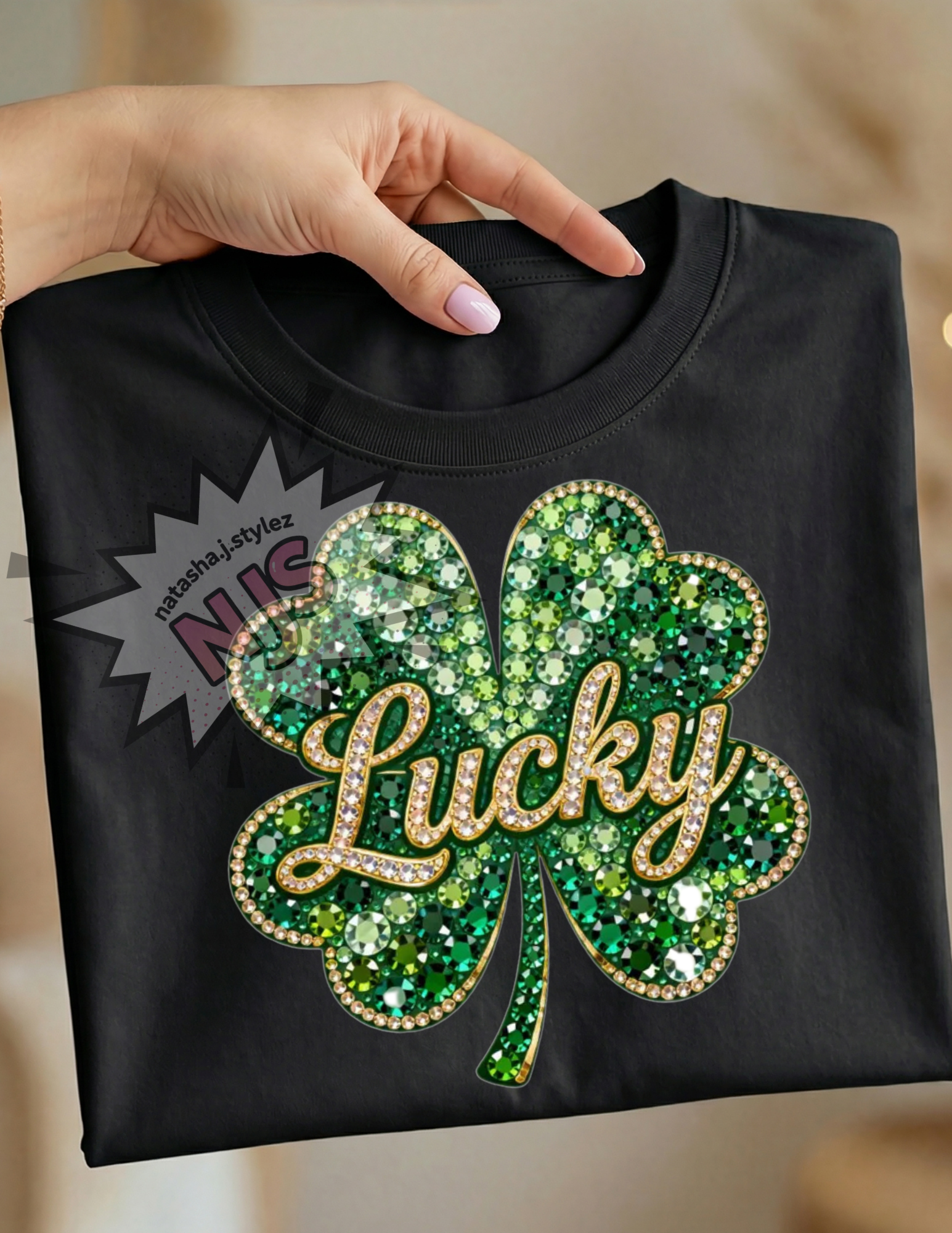 Rhinestone Lucky Shamrock PNG: St Patricks Day Sparkle Bling Crystal Mosaic Jewel Sublimation Design