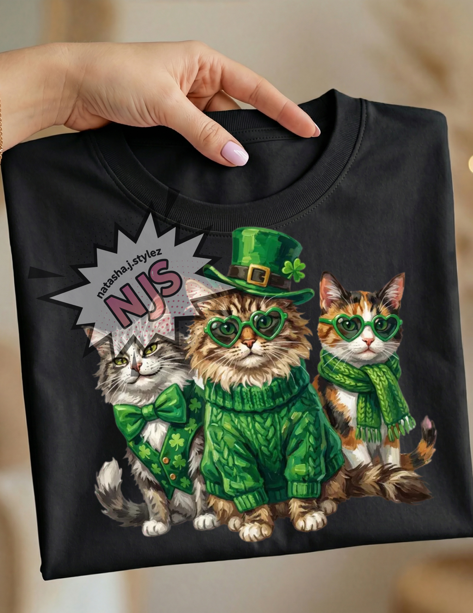 Happy St Patricks Day cats PNG, Shamrock Lucky Sublimation Design, Faux Yarn Digital Download
