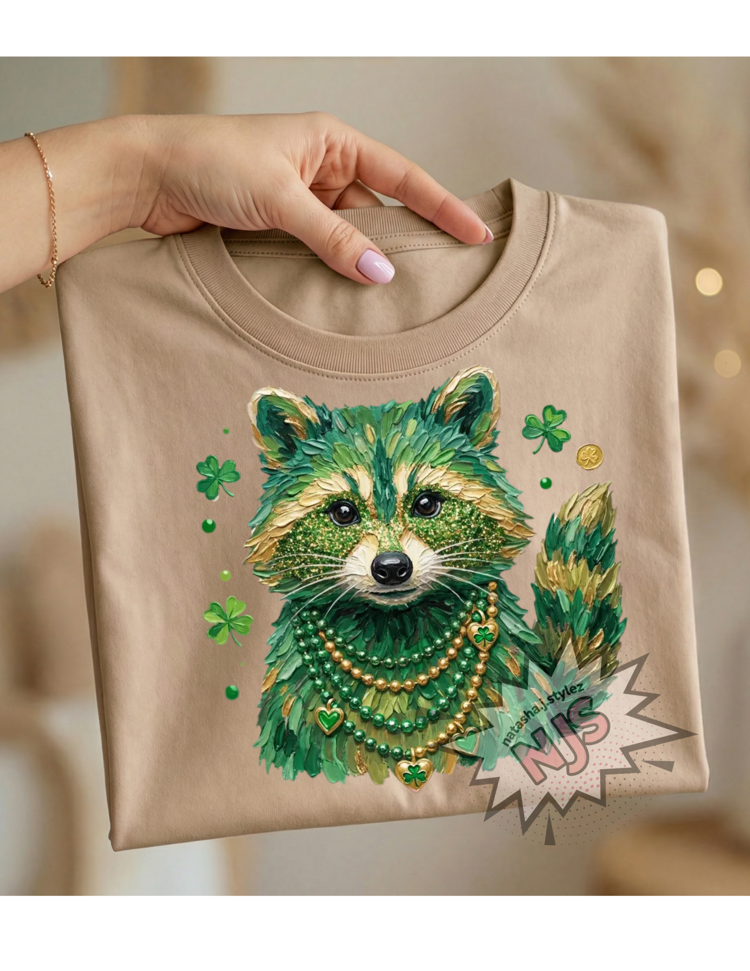 St Patrick’s Raccoon PNG, Brushstroke Hand Painted Glitter Shamrock Beads Sublimation Design, Digital Download