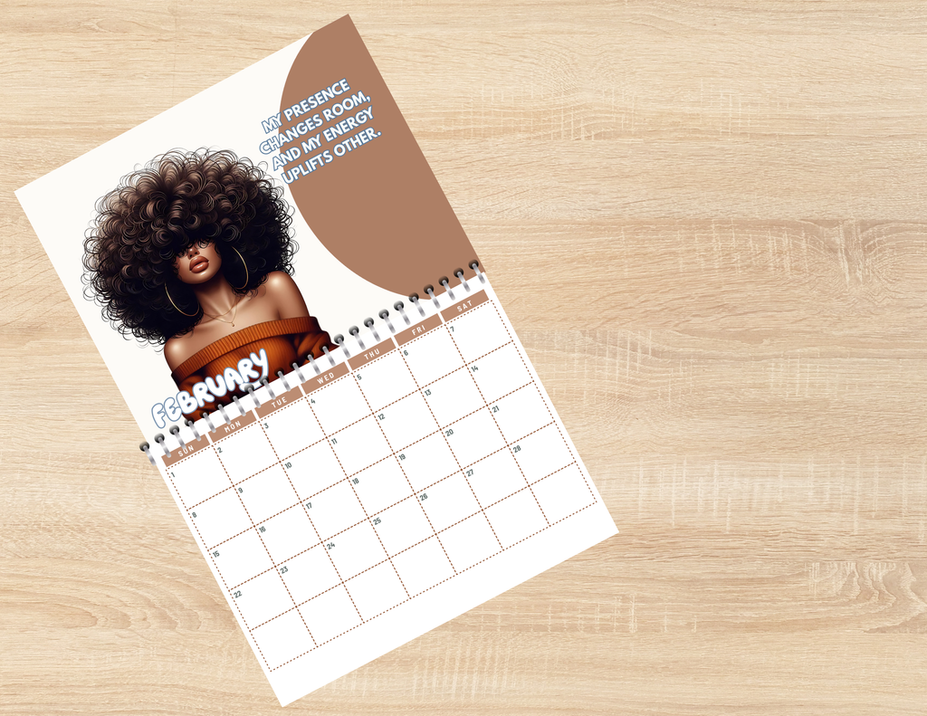 SHE SHINES IN EVERY SEASON 2026 BROWN GIRL AFFIRMATION CALENDAR PNG