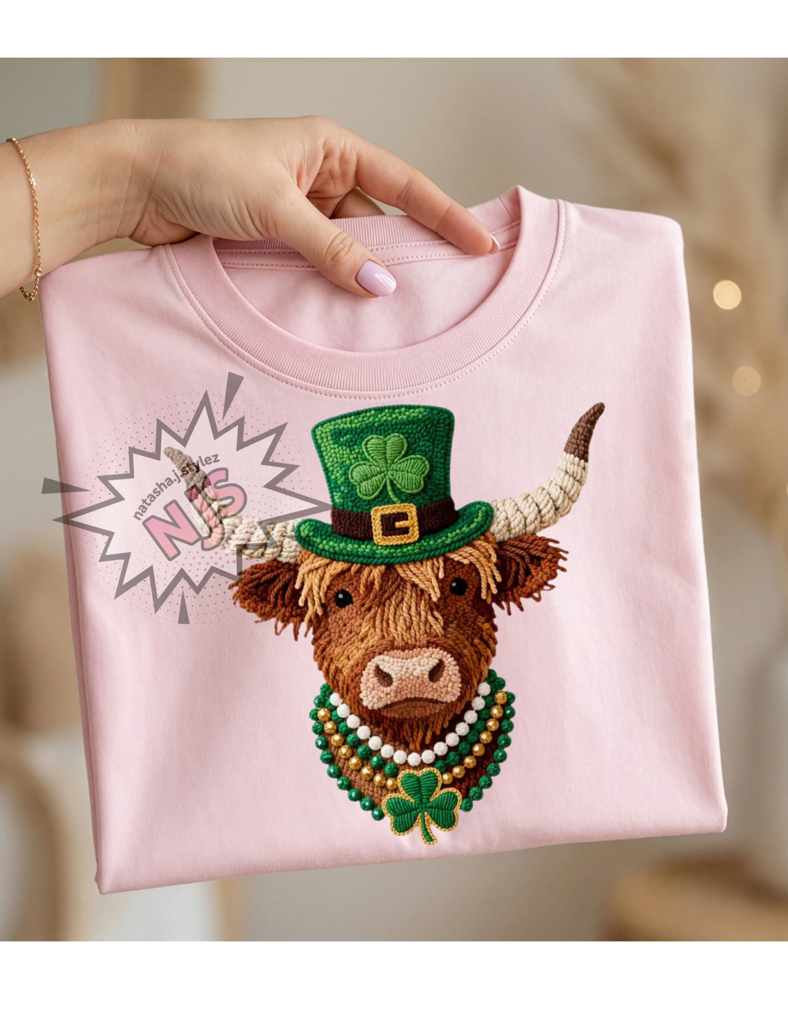 St Patrick’s Highland Cow PNG: Faux Yarn Shamrock Sublimation, dtf Design, Trendy Digital Download File