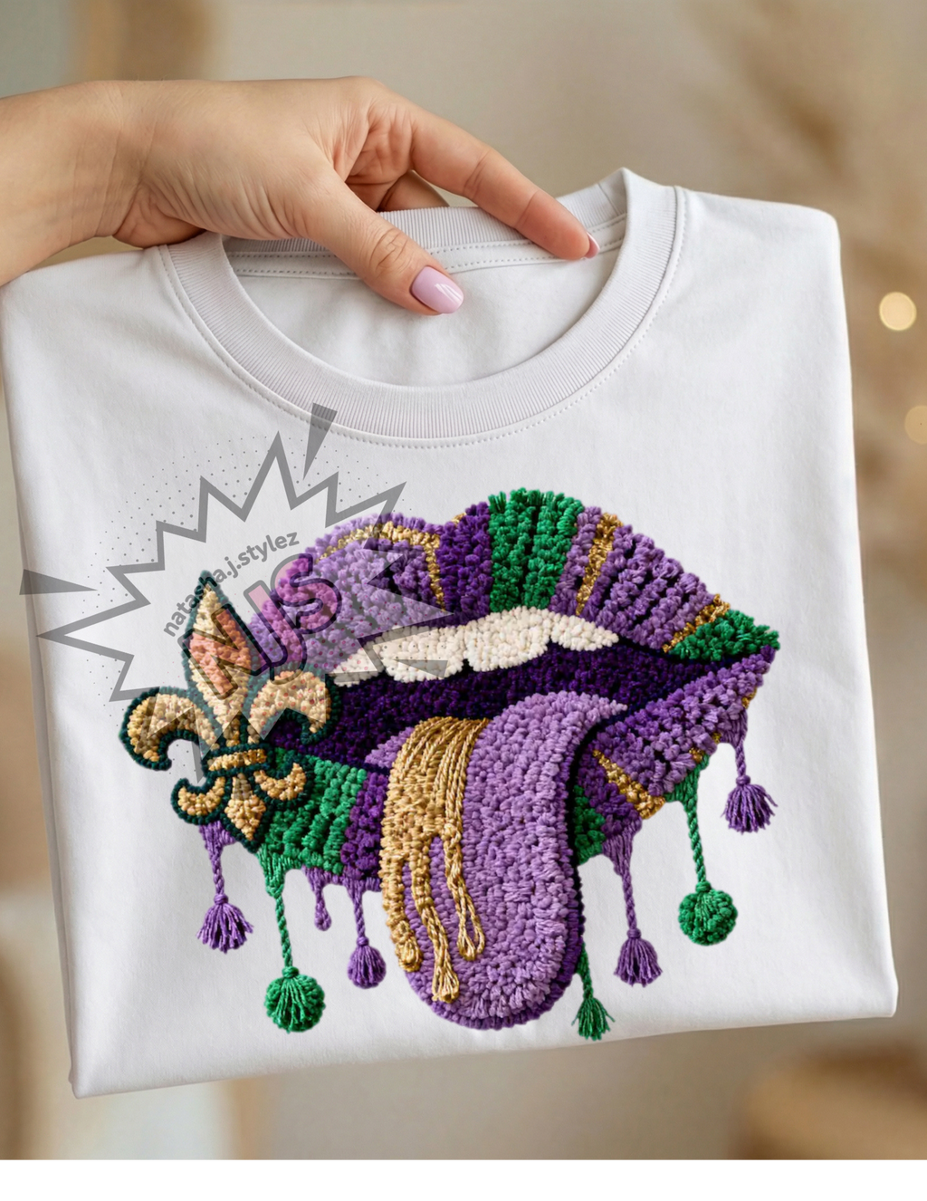 Mardi Gras lips PNG: Faux Yarn Crocodile Louisana Celebration Sublimation Design