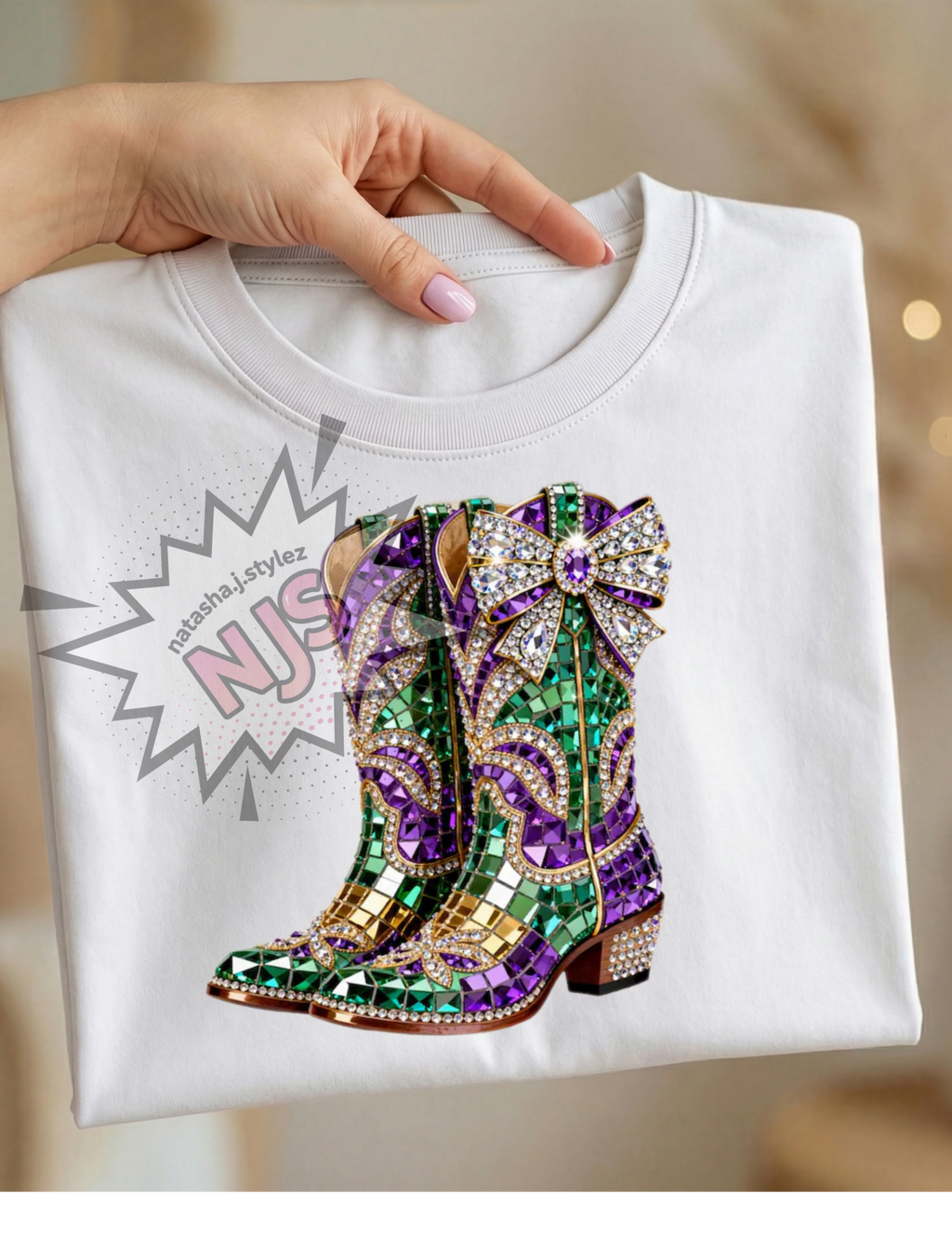 Mardi Gras Rhinestone cow girl boots PNG: Sparkle Bling Crystal Mosaic Jewel Text Carnival DTF Design