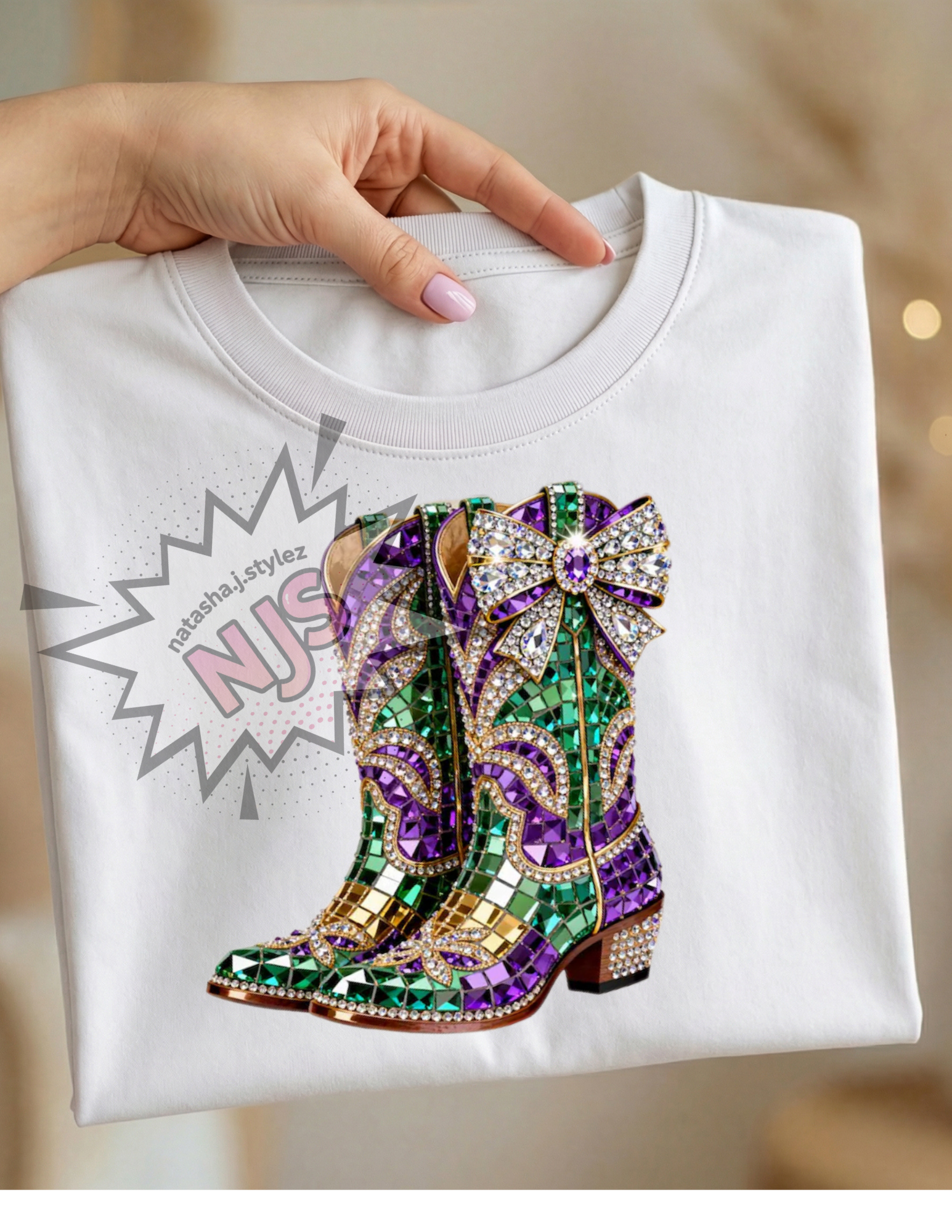 Mardi Gras Rhinestone cow girl boots PNG: Sparkle Bling Crystal Mosaic Jewel Text Carnival DTF Design