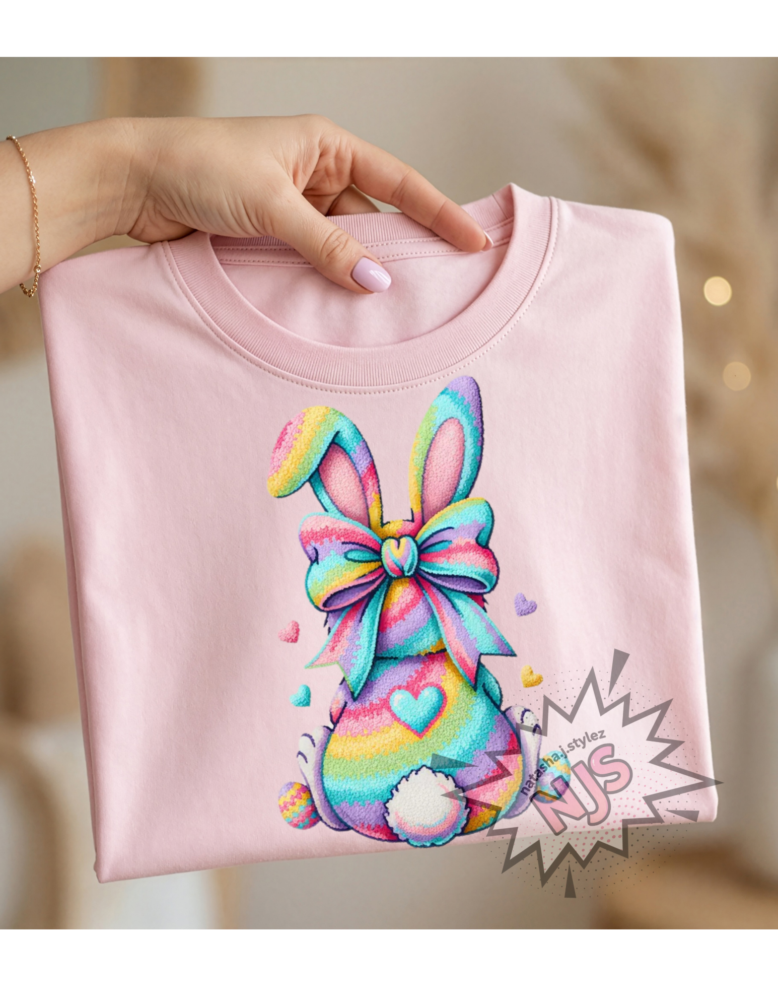 Easter Bunny PNG, Rainbow Faux Yarn Coquette Bow Spring Sublimation Design, Trending Digital Download