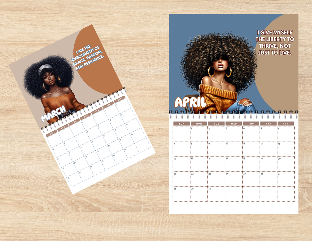SHE SHINES IN EVERY SEASON 2026 BROWN GIRL AFFIRMATION CALENDAR PNG
