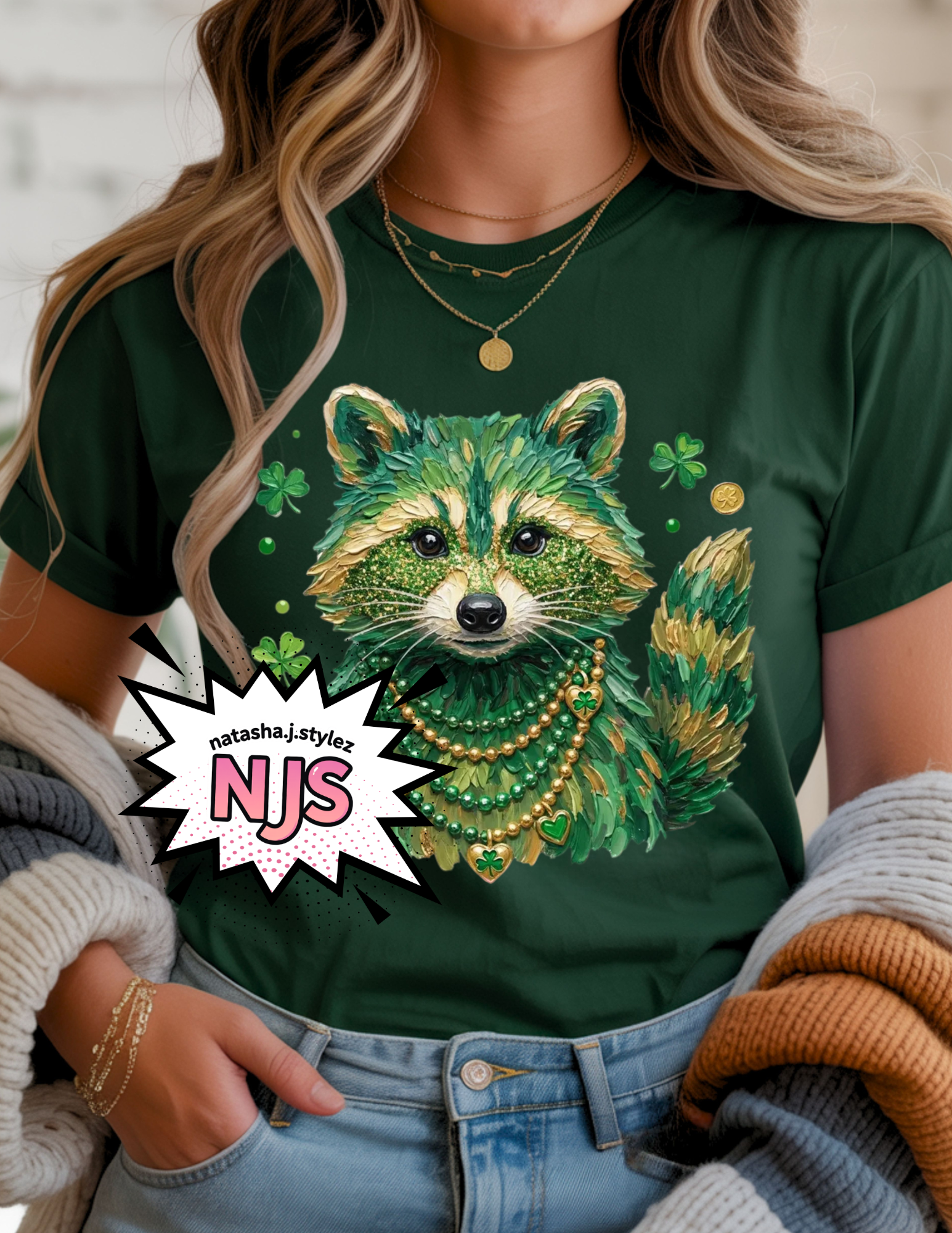 St Patrick’s Raccoon PNG, Brushstroke Hand Painted Glitter Shamrock Beads Sublimation Design, Digital Download