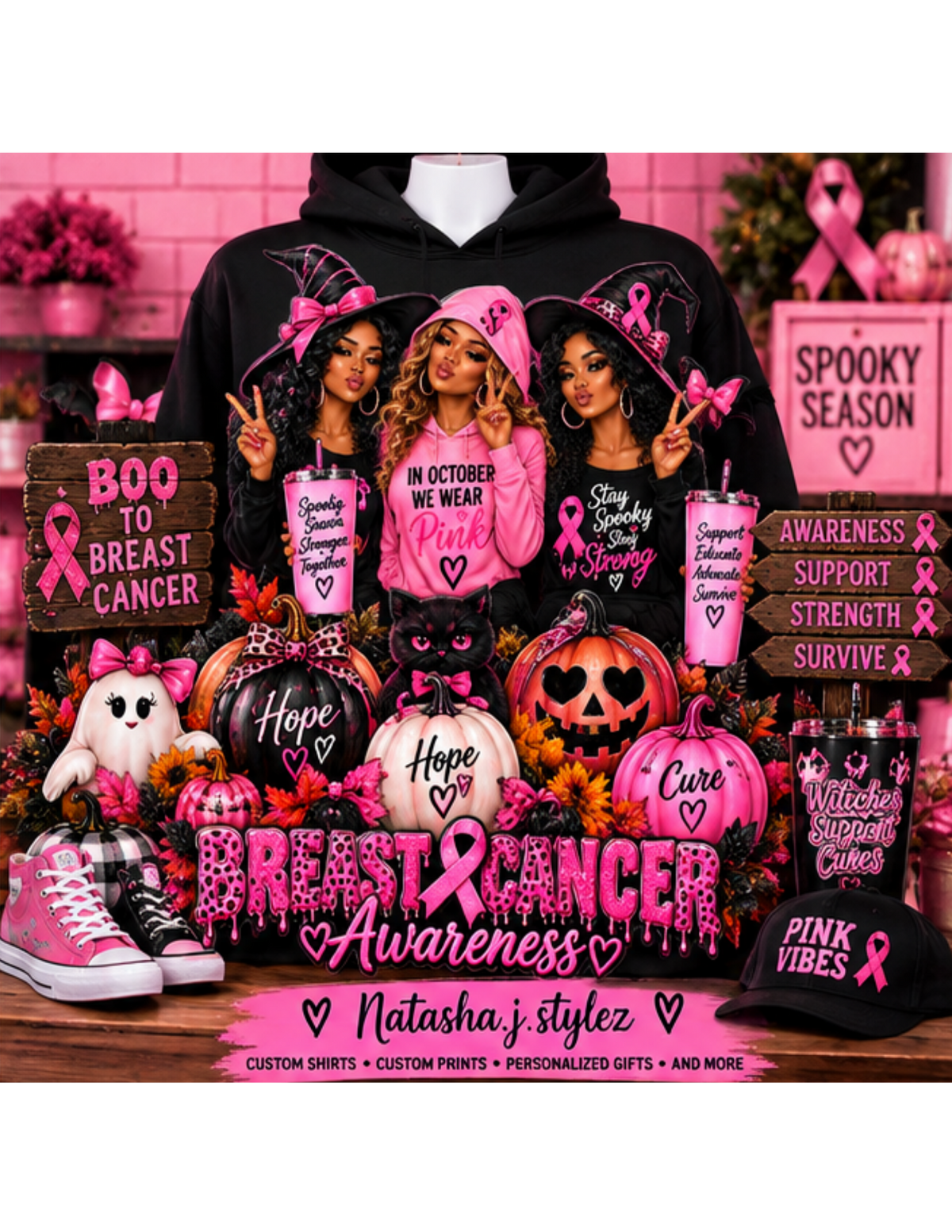 5 HALLOWEEN BREAST CANCER TEMPLATES . DTF,SUBLIMATION,TUMBLERS, SHIRTS , HOODIES AND MORE