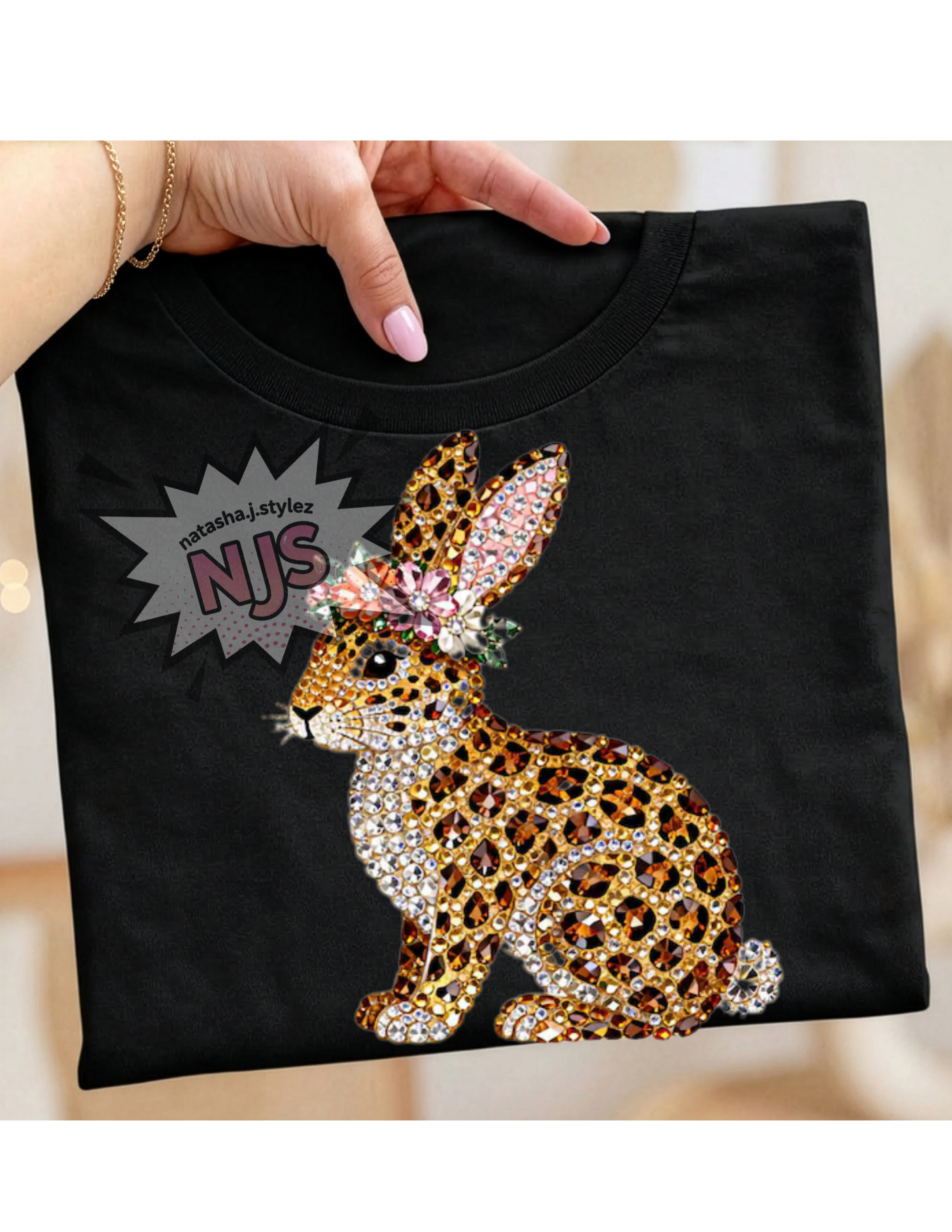 Rhinestone Leopard Easter Bunny Floral PNG: Sparkle Bling Crystal Mosaic Jewel Spring Sublimation, Dtf Design ,