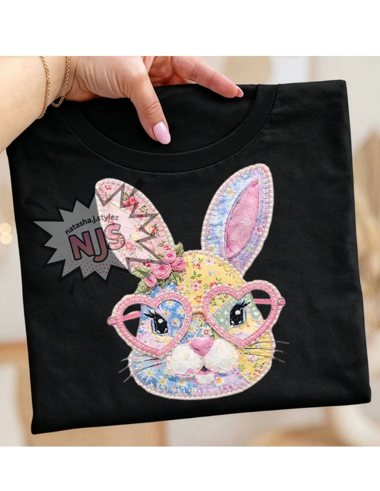 Patchwork Easter Bunny PNG: Floral Grandma Core Cottagecore Quilted Coquette Spring DTF , Sublimation