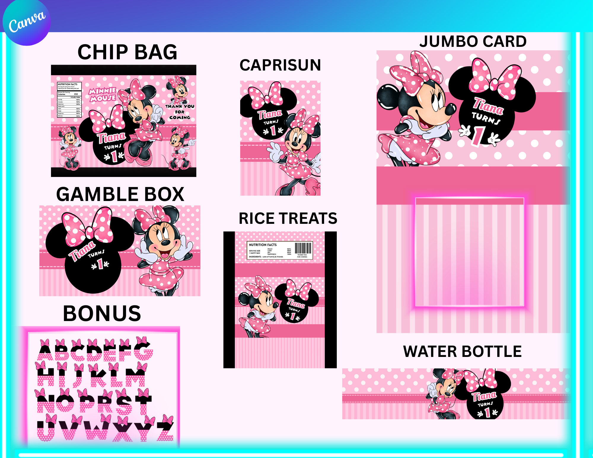 MINNIE MOUSE PARTY FAVOR BUNDLE EDIT IN CANVA