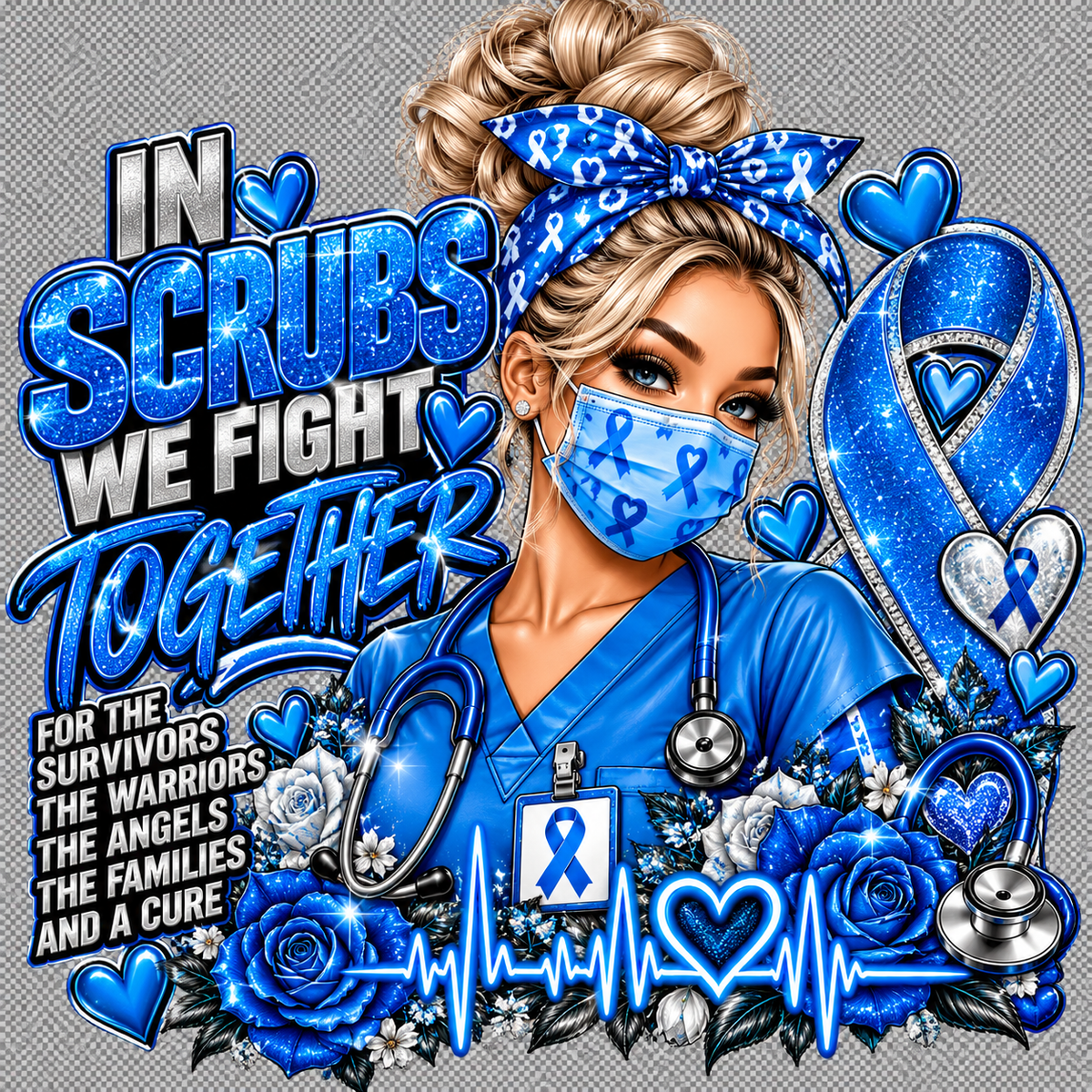 NURSE'S SUPPORT BREAST CANCER AWARENESS DTF TRANSFER. IN SCRUBS WE FIGHT TOGETHER!
