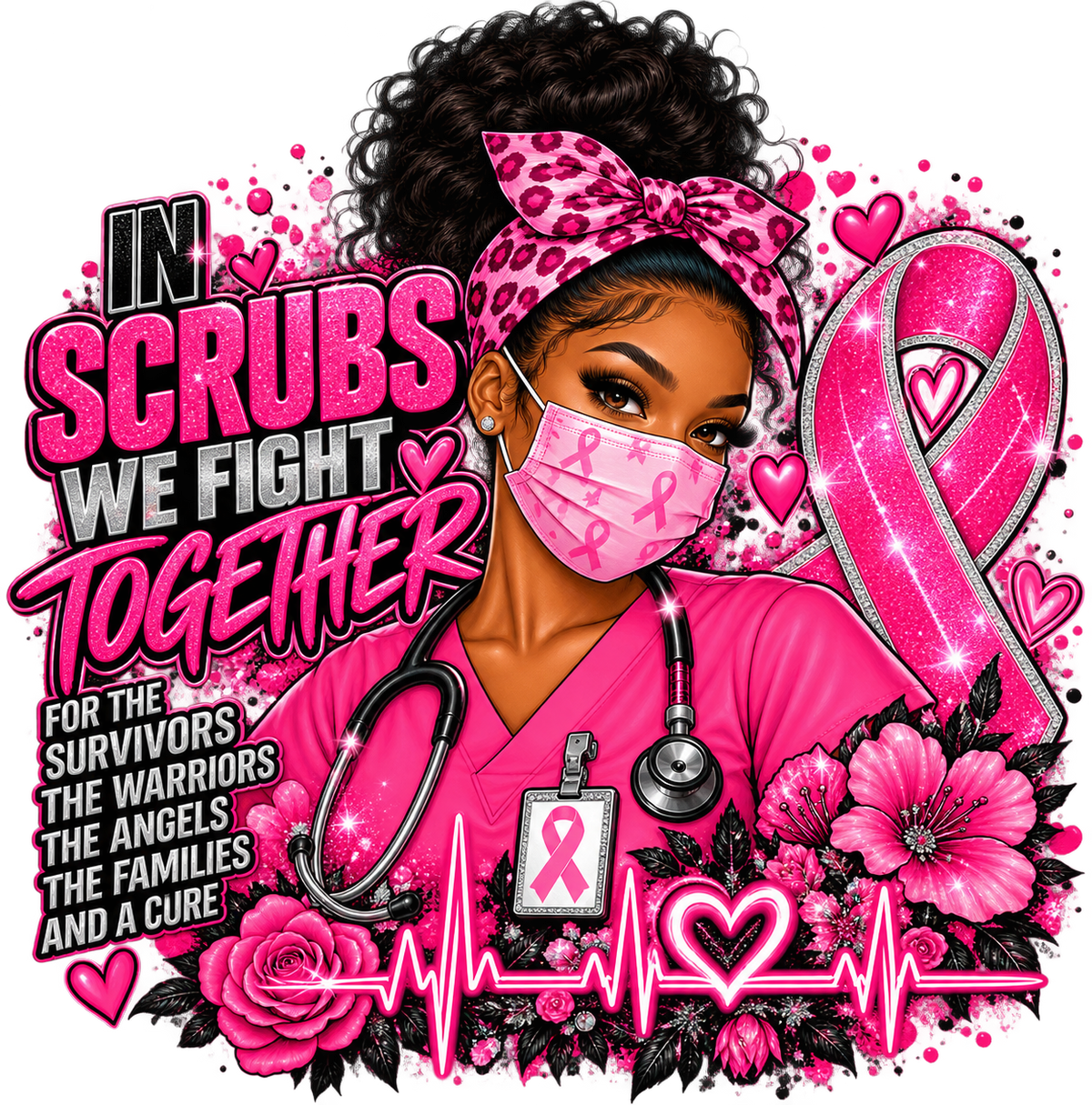 NURSE'S SUPPORT BREAST CANCER AWARENESS DTF TRANSFER. IN SCRUBS WE FIGHT TOGETHER!