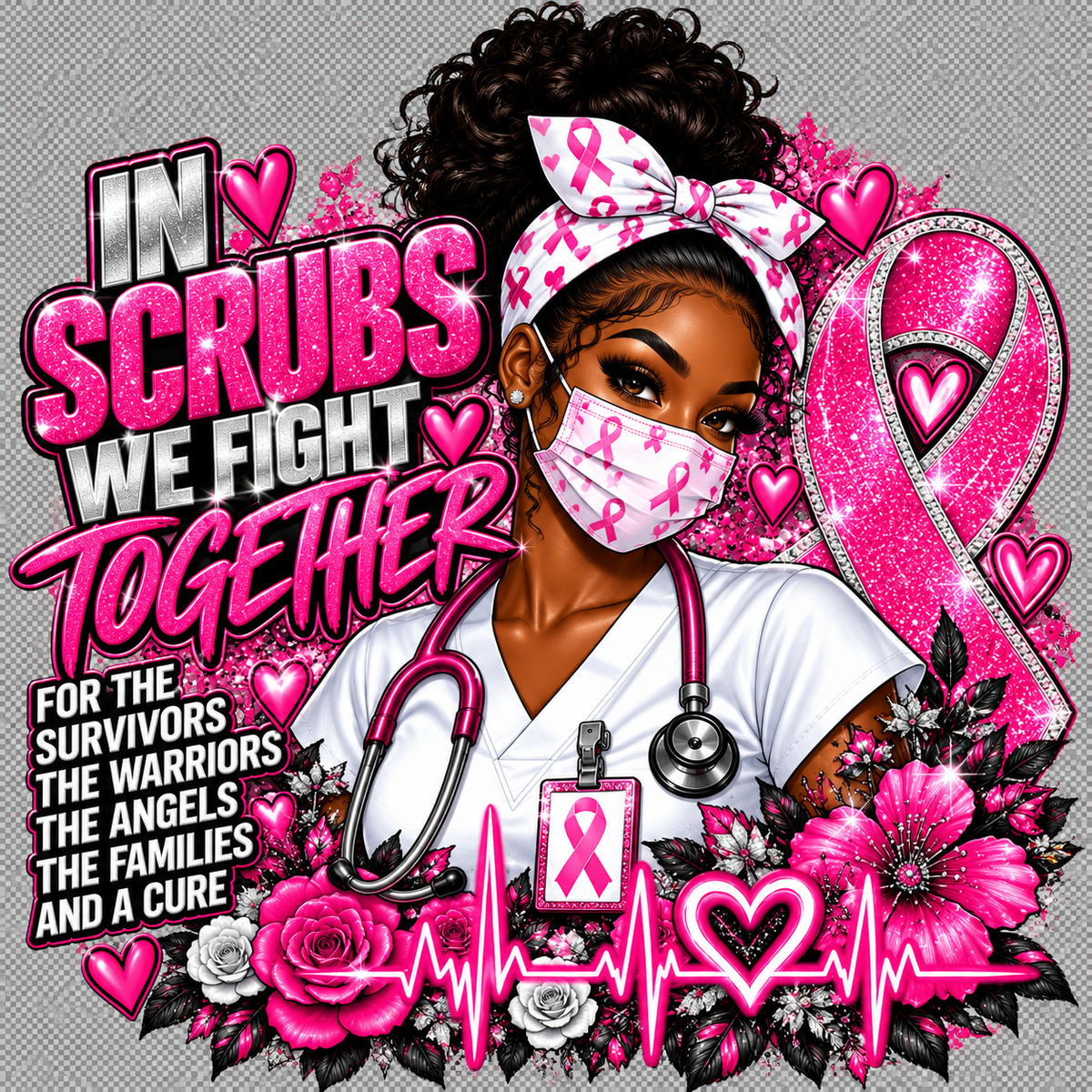 NURSE'S SUPPORT BREAST CANCER AWARENESS DTF TRANSFER. IN SCRUBS WE FIGHT TOGETHER!