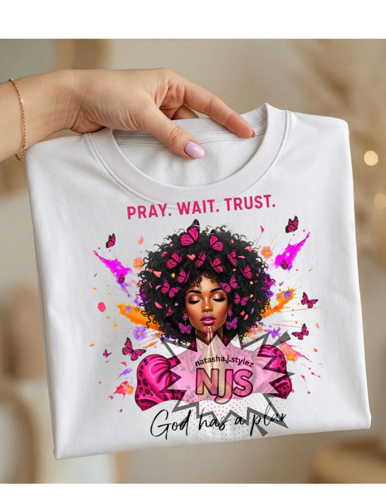 Pink Brushstroke Black Woman Christian Png, Pray Wait Trust Png, God Has a Plan Sublimation, dtf , Afro Woman Religious Png, Faith Shirt Png