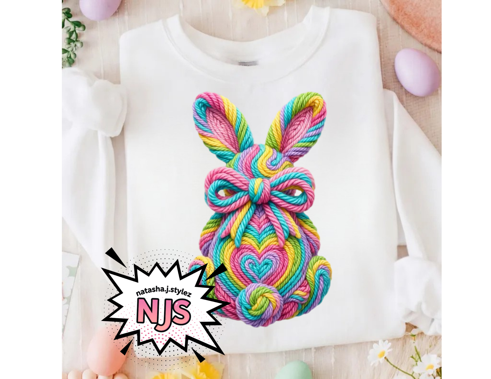Easter Bunny PNG, Rainbow Faux Yarn Coquette Bow Spring Sublimation Design, Trending Digital Download