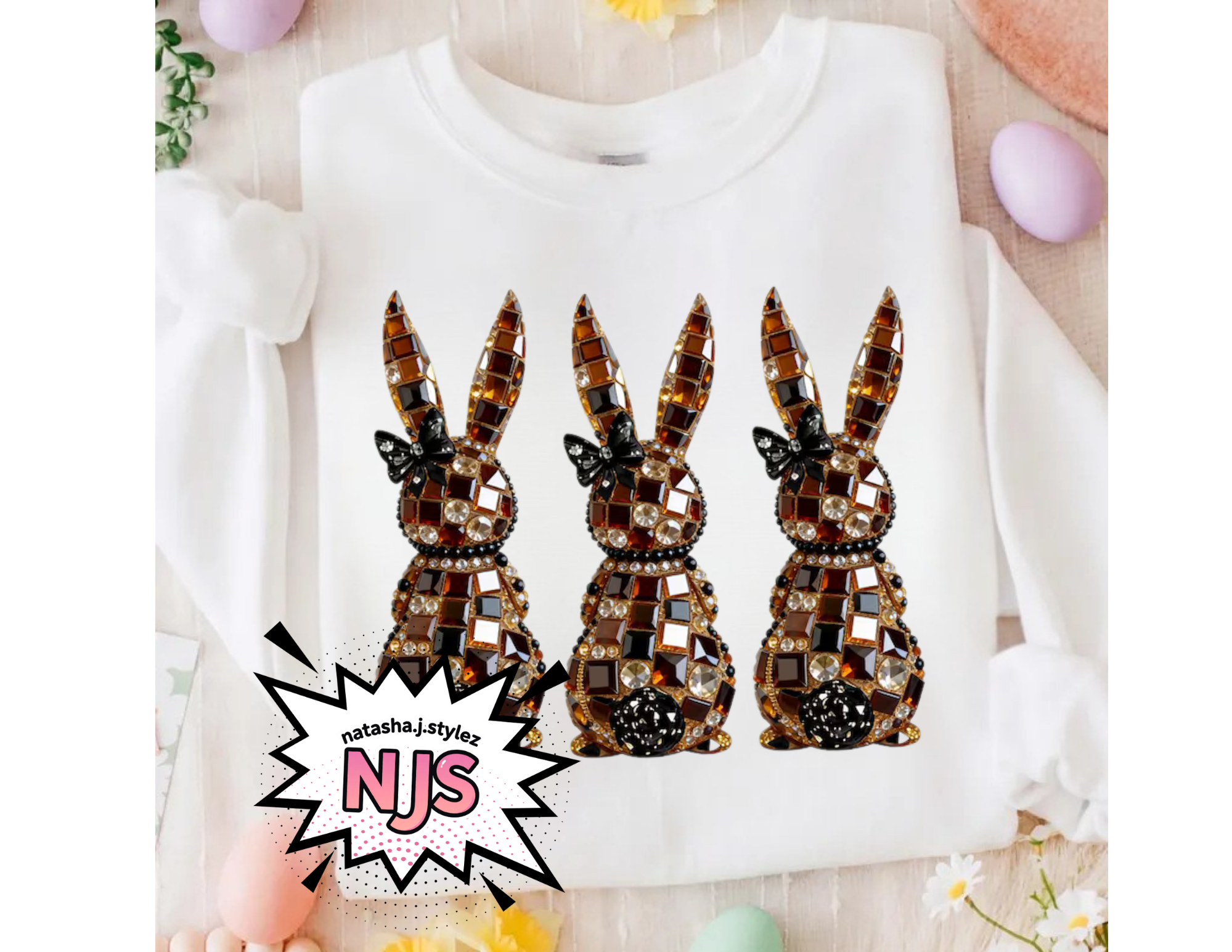 Rhinestone Leopard Easter Bunny PNG: Sparkle Bling Crystal Mosaic Jewel Diamond Spring Sublimation