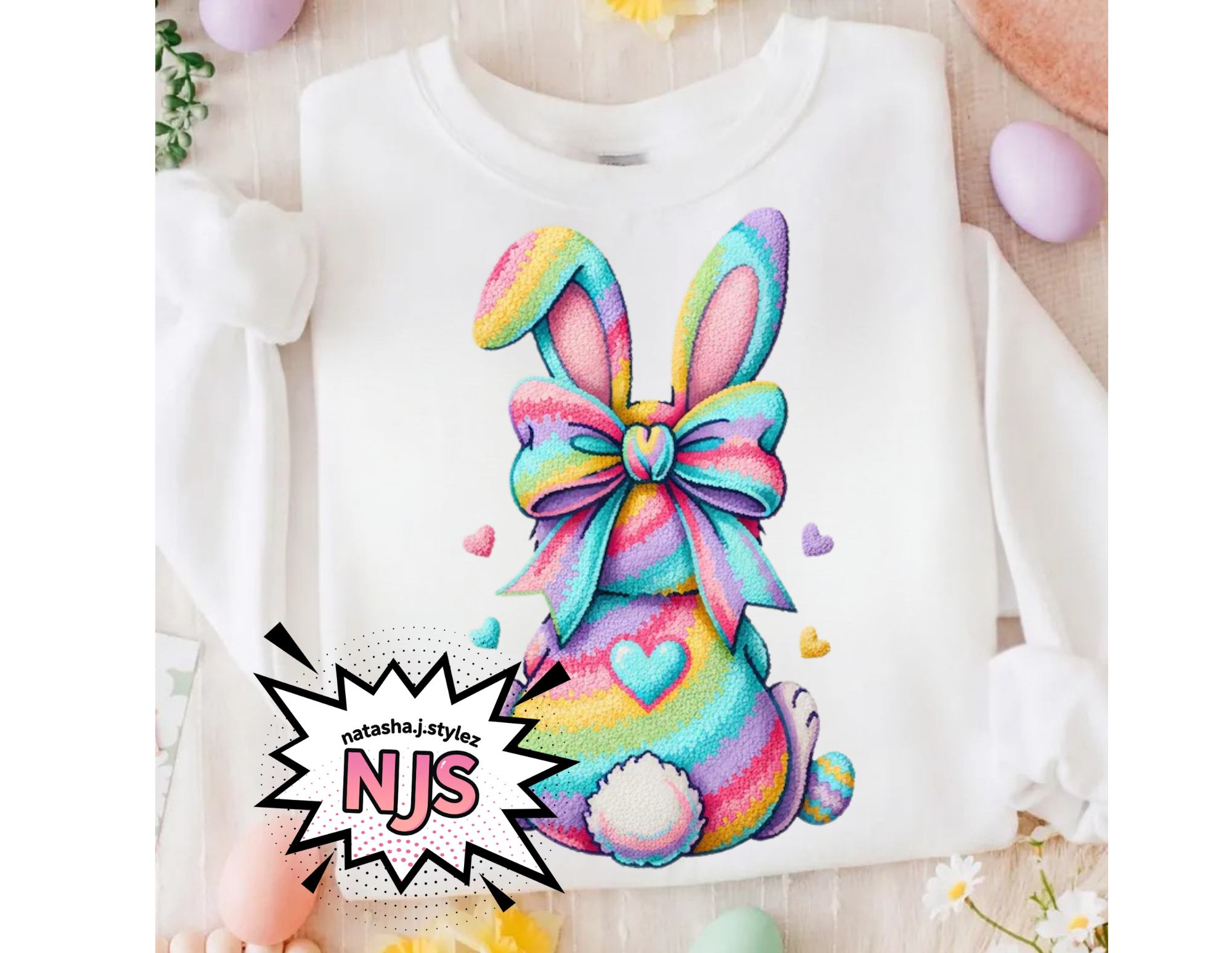 Easter Bunny PNG, Rainbow Faux Yarn Coquette Bow Spring Sublimation Design, Trending Digital Download