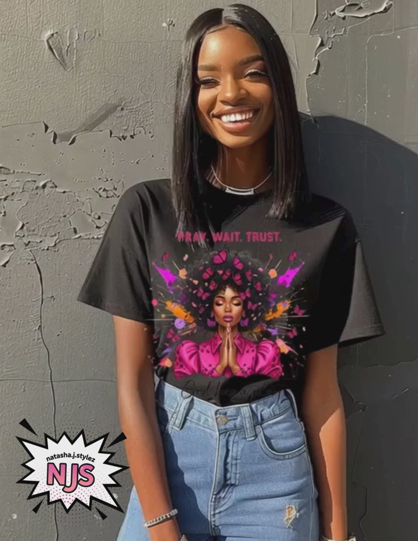 Pink Brushstroke Black Woman Christian Png, Pray Wait Trust Png, God Has a Plan Sublimation, dtf , Afro Woman Religious Png, Faith Shirt Png