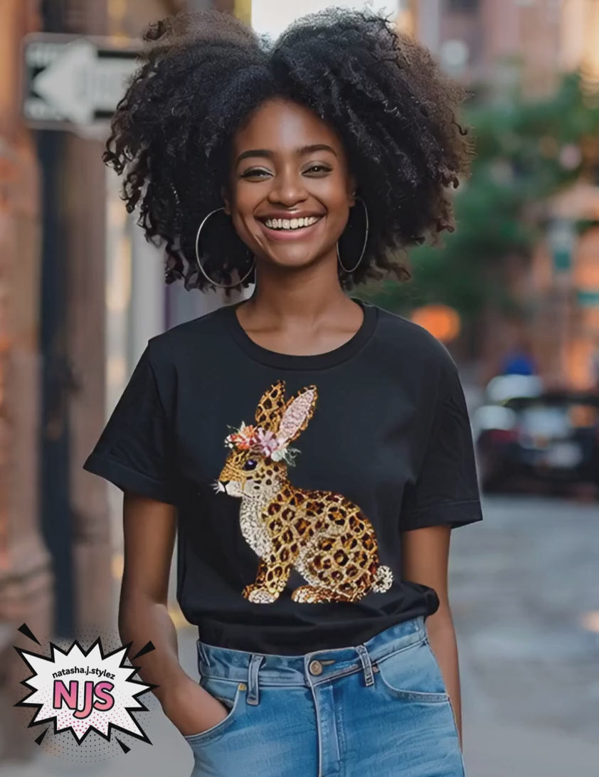 Rhinestone Leopard Easter Bunny Floral PNG: Sparkle Bling Crystal Mosaic Jewel Spring Sublimation, Dtf Design ,